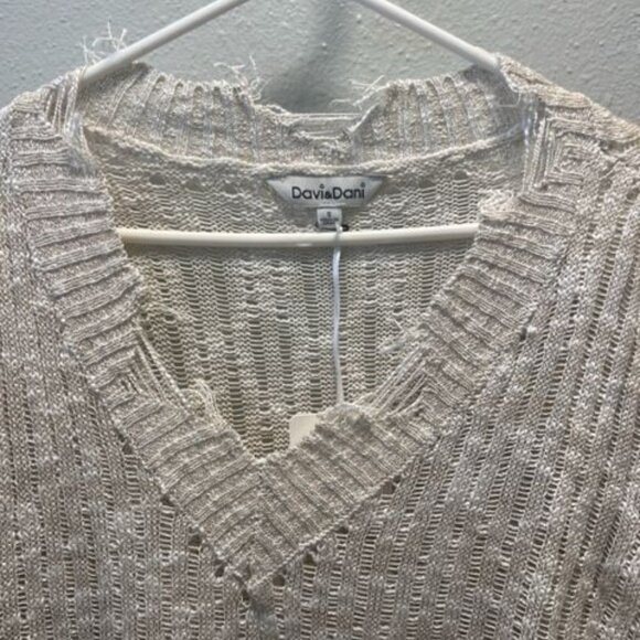Davi & Dani Womens Distressed V-Neck Sweater Acrylic/Polyester Beige open knit - Picture 8 of 10